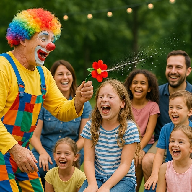 Clown spritzt Wasser aus Blume bei Sommerfest – Kinder und Eltern lachen