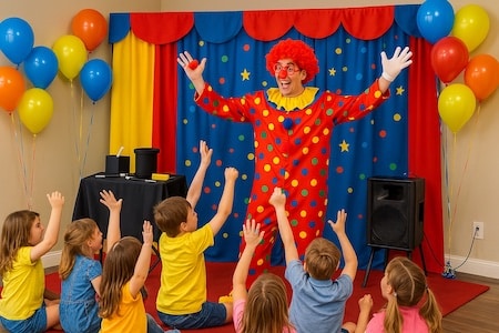 Clown begeistert Kinder mit Zaubershow – Luftballons, Technik und Mitmachspaß
