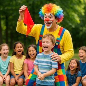 Clownzauberer zeigt Zaubertrick mit Seidentuch vor lachenden Kindern auf Kindergeburtstag