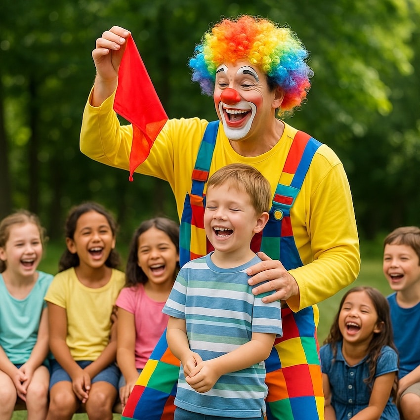 Clownzauberer zeigt Zaubertrick mit Seidentuch vor lachenden Kindern auf Kindergeburtstag