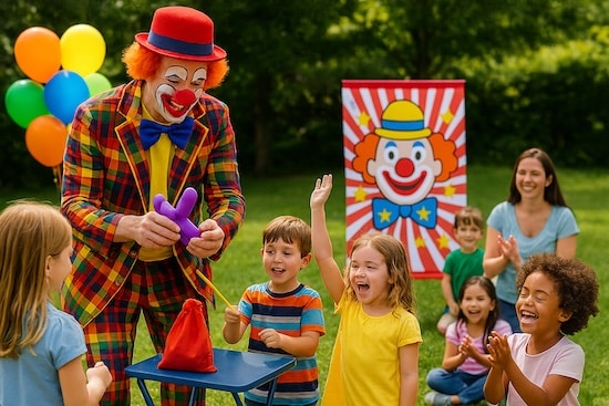 Clown führt Ballontrick bei Kinderfest vor – Kinder lachen, Zauberrequisiten im Einsatz