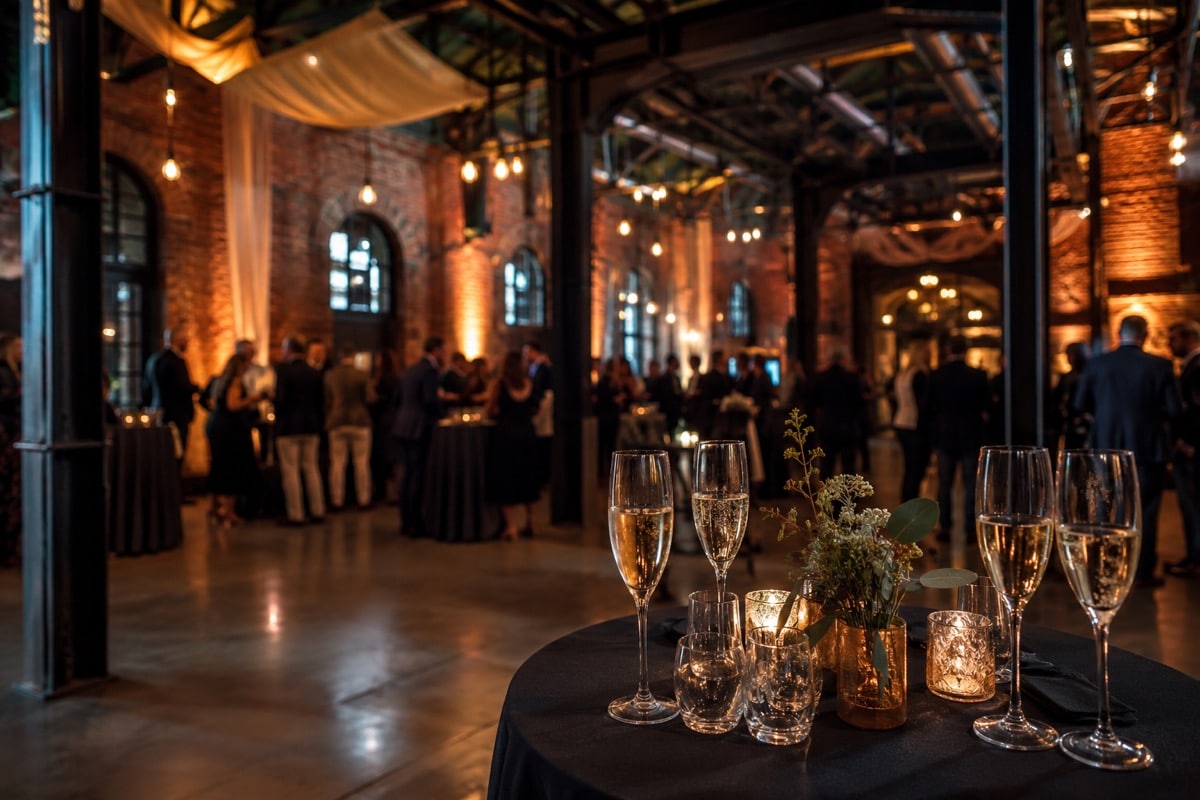Firmenevent in einer Industriehalle mit warmem Licht und Stehtischen