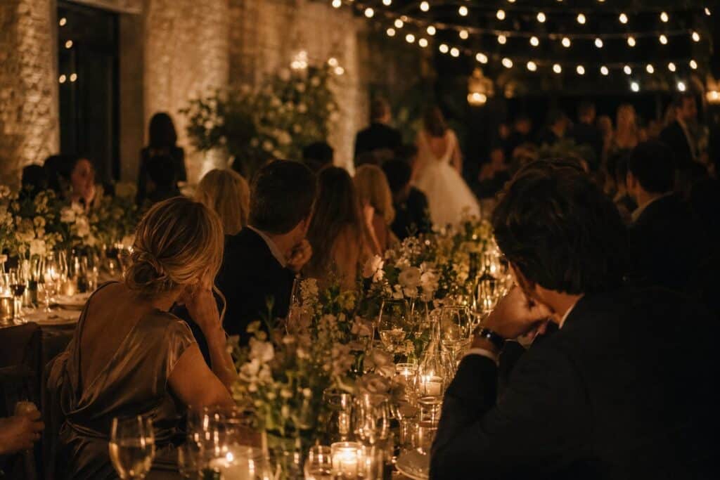 Lange Hochzeitstafel am Abend mit niedrigen Kerzen und lose gesteckten Blumen, Gäste im Gespräch von hinten gesehen