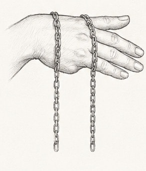 Zeichnung: eine Kette hängt symmetrisch über der Hand, beide Enden gleich lang