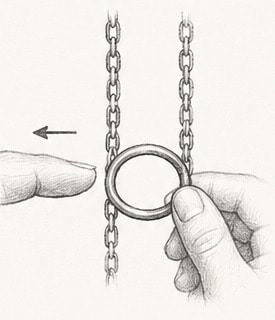 Zeichnung: ein Finger löst sich früher vom Ring als der andere