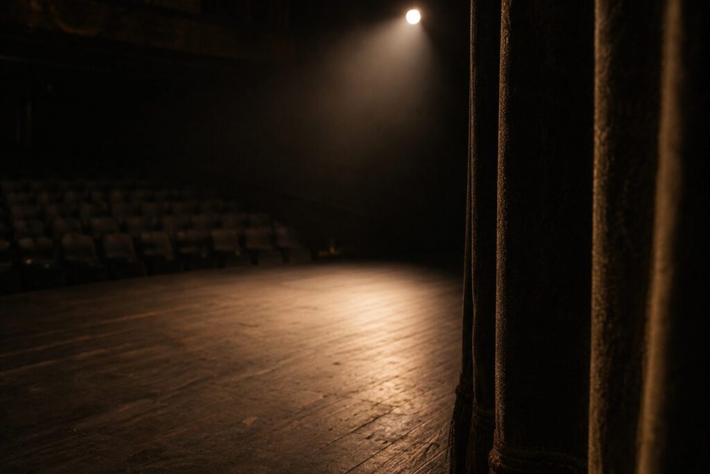 Leere Theaterbühne im Scheinwerferkegel, dahinter der dunkle Zuschauerraum