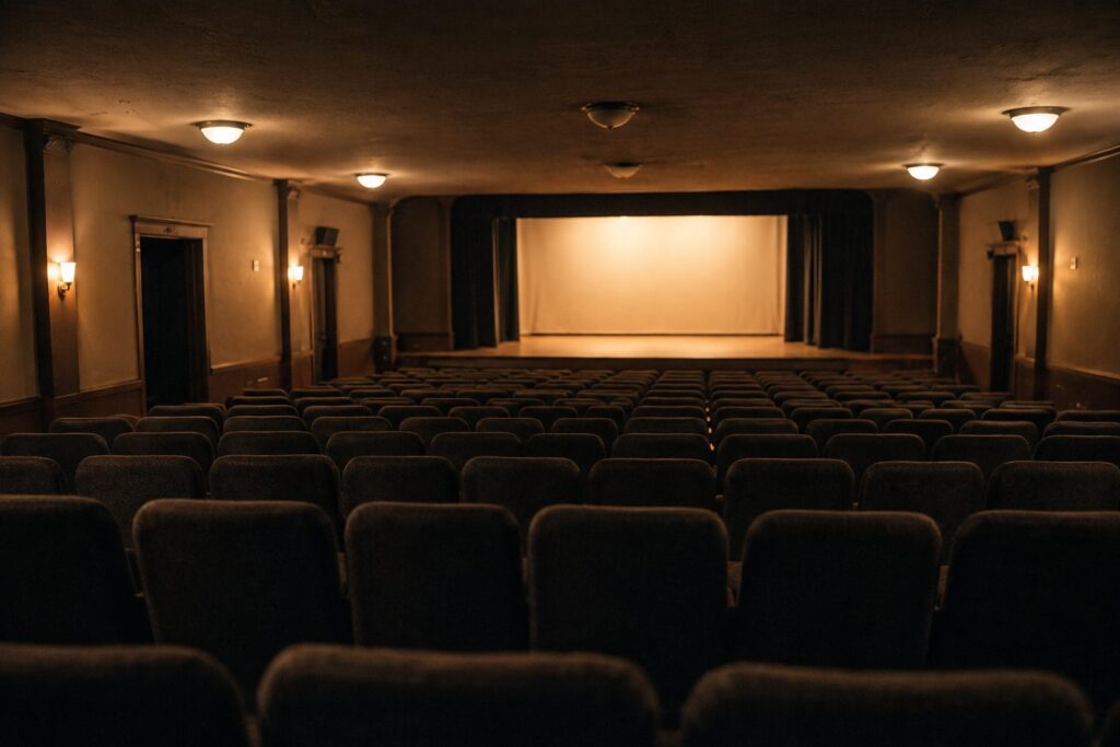 Kleiner Theatersaal von der letzten Reihe aus: rund sechzig Sitze, warmes Saallicht, die Bühne als helles Rechteck am anderen Ende
