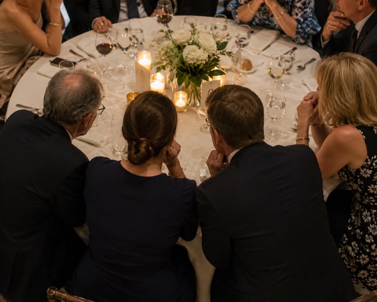 Gäste beugen sich an einer festlich gedeckten Tafel nach vorne