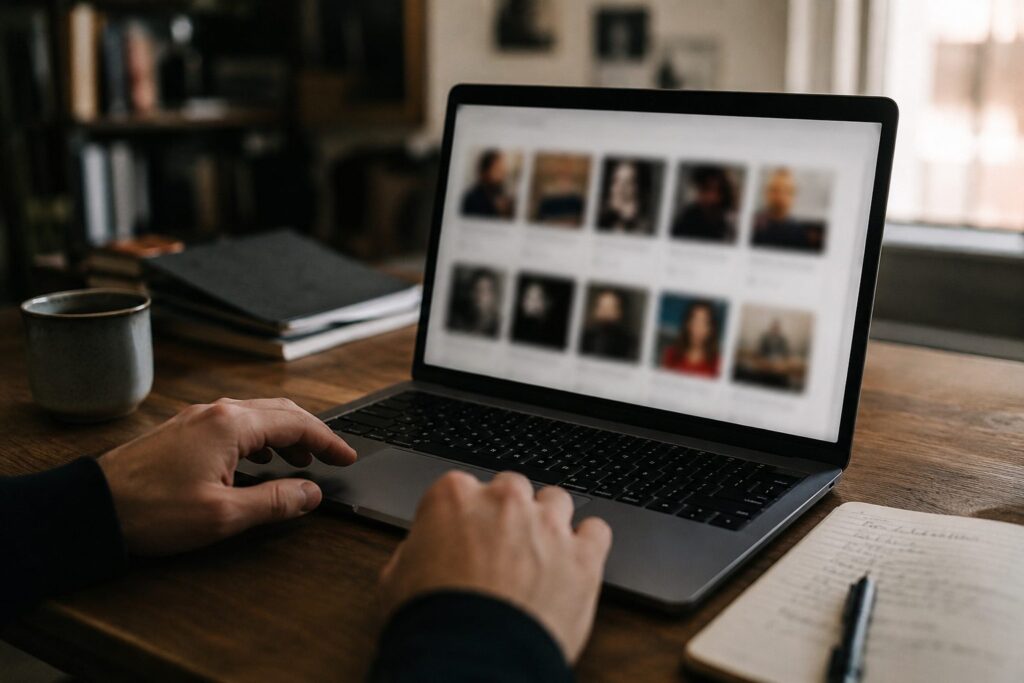 Person durchsucht am Laptop ein Künstlerportal mit Profilbildern