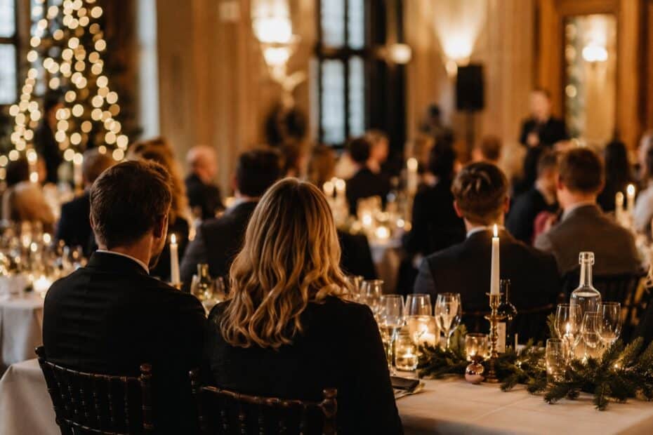 Weihnachtsfeier eines Unternehmens mit festlich gedeckten Tischen, Kerzen und Christbaum im Hintergrund