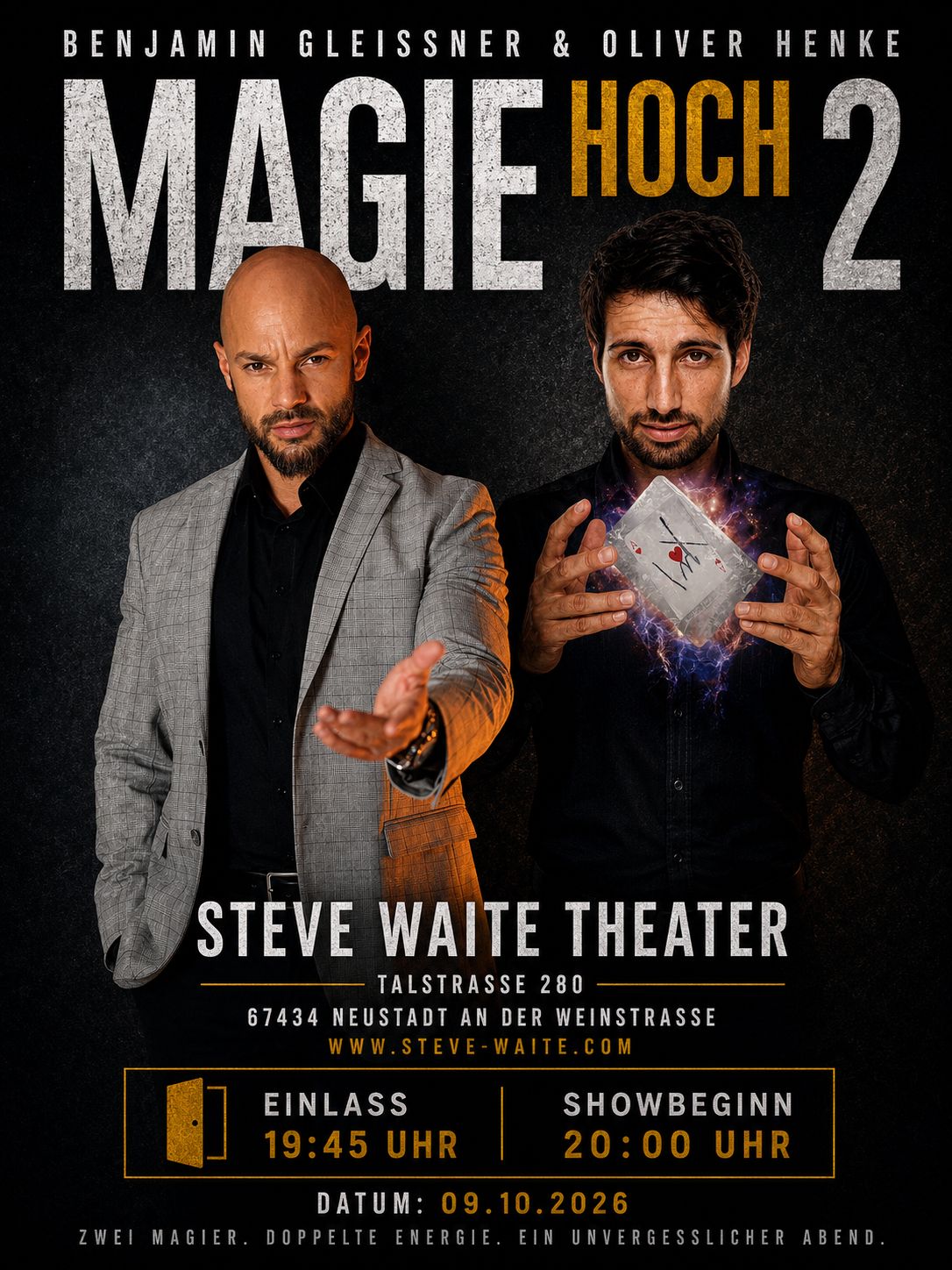 Plakat zur Show Magie hoch 2 mit Benjamin Gleissner und Oliver Henke im Steve Waite Theater am 9. Oktober 2026